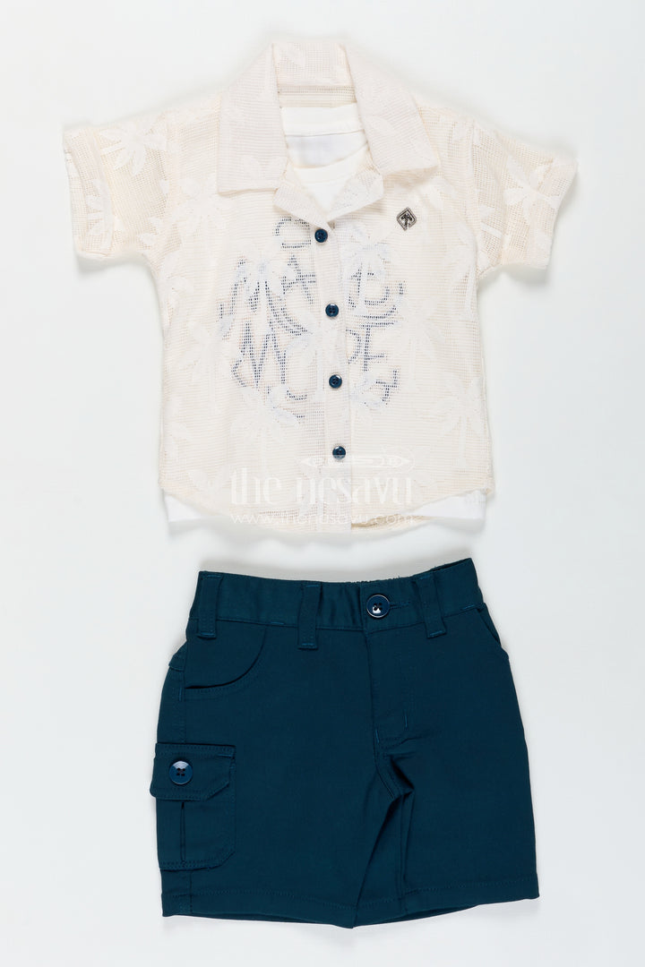 Boys Cotton Embroidery Set Short and Shirt in Classic Ivory and Teal for Comfortable Everyday Style