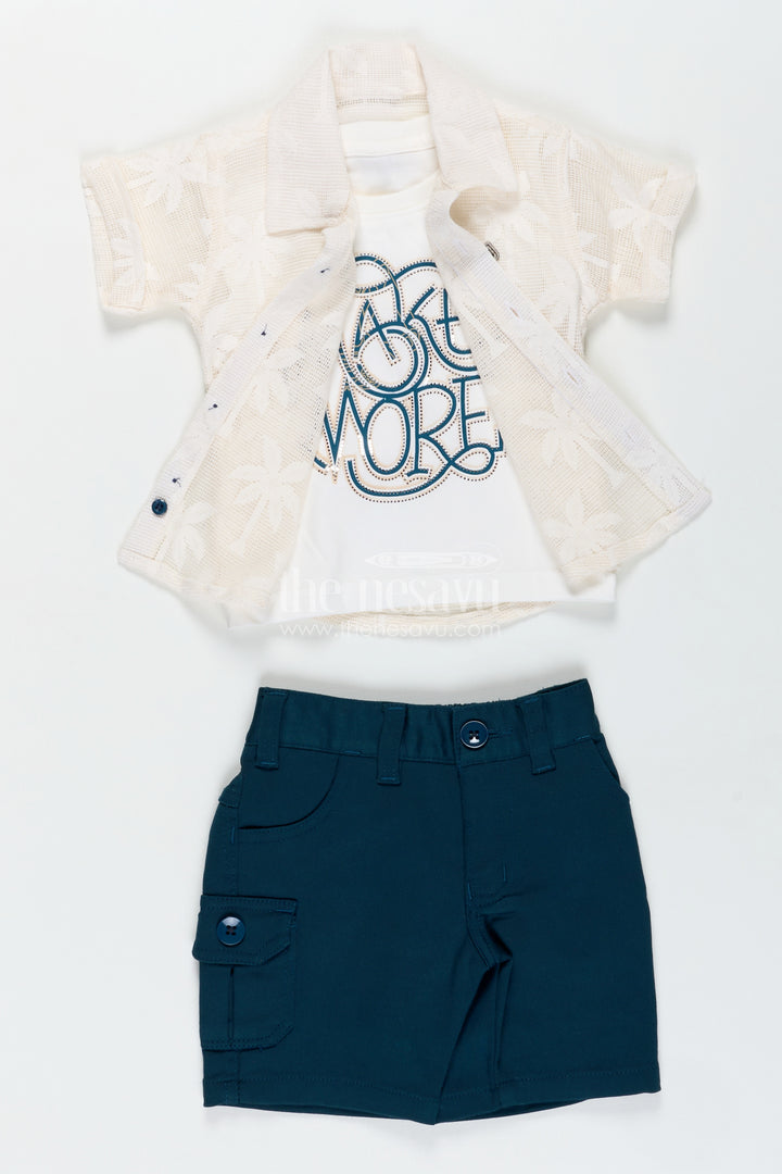 Boys Cotton Embroidery Set Short and Shirt in Classic Ivory and Teal for Comfortable Everyday Style