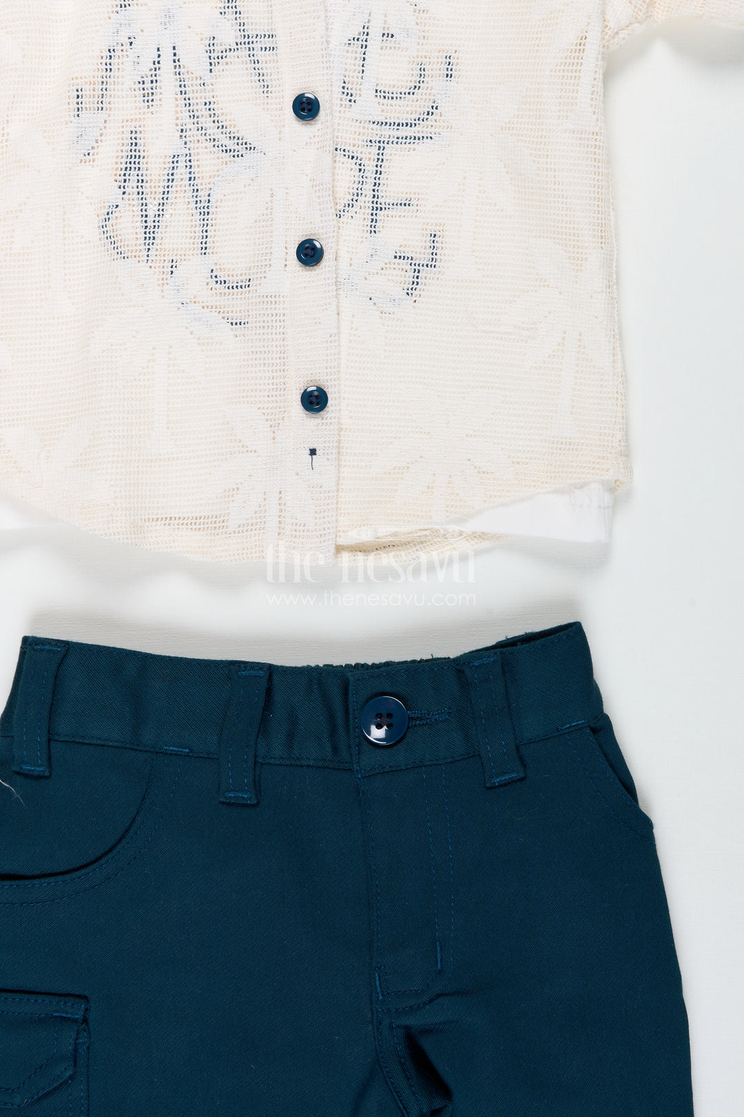 Boys Cotton Embroidery Set Short and Shirt in Classic Ivory and Teal for Comfortable Everyday Style