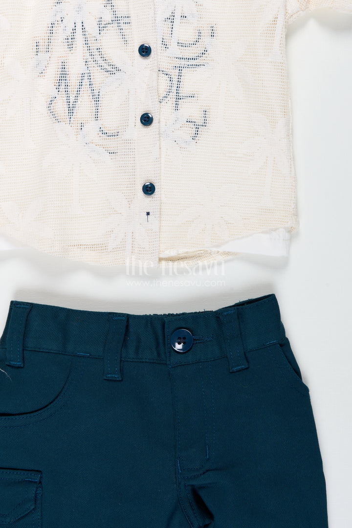 Boys Cotton Embroidery Set Short and Shirt in Classic Ivory and Teal for Comfortable Everyday Style