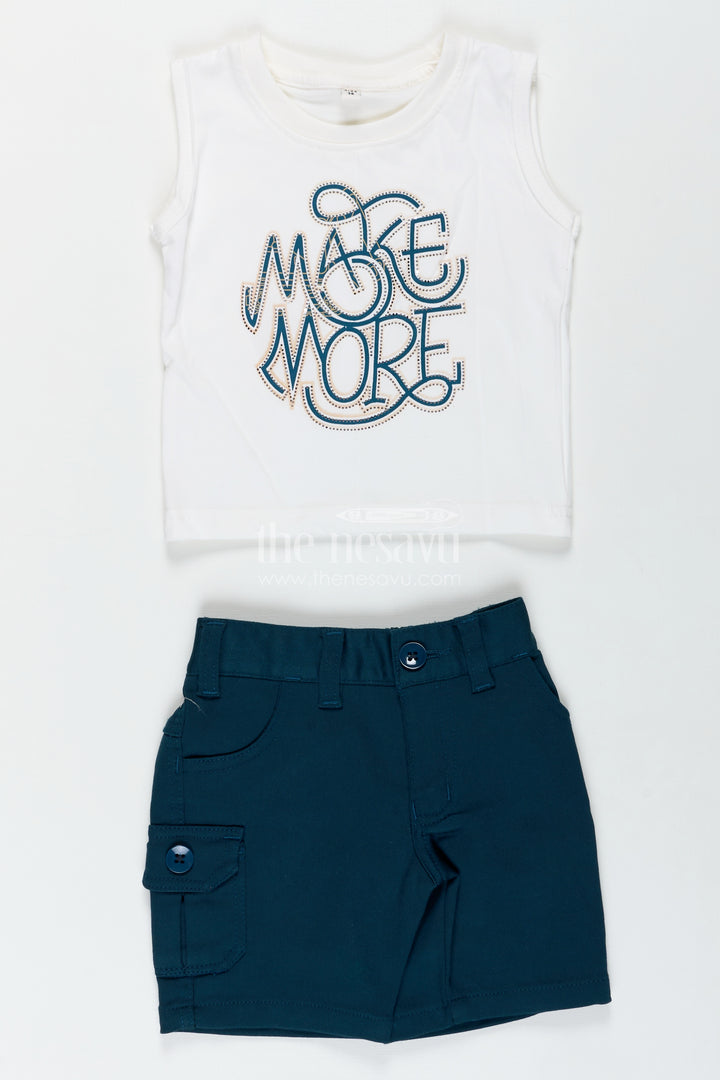 Boys Cotton Embroidery Set Short and Shirt in Classic Ivory and Teal for Comfortable Everyday Style