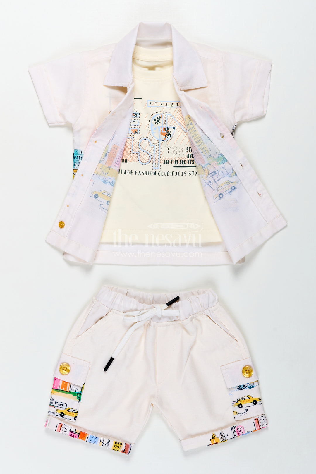 Boys Cotton Vintage Print Shirts Set with Matching Shorts for Stylish Everyday Dressing
