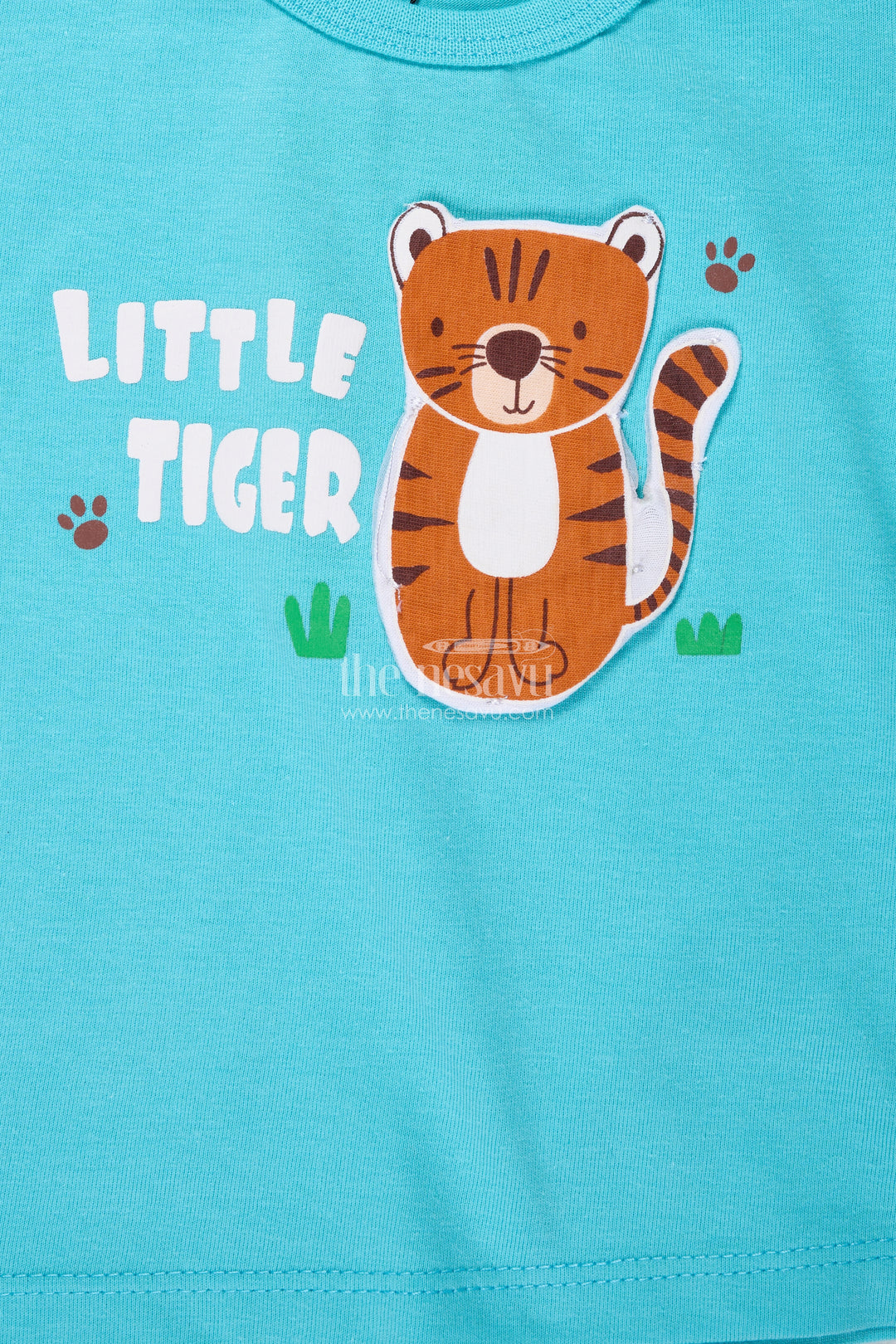 Boys Cotton Cat Print T Shirt and Set in Teal Blue with Printed White Shorts for Everyday Summer Style