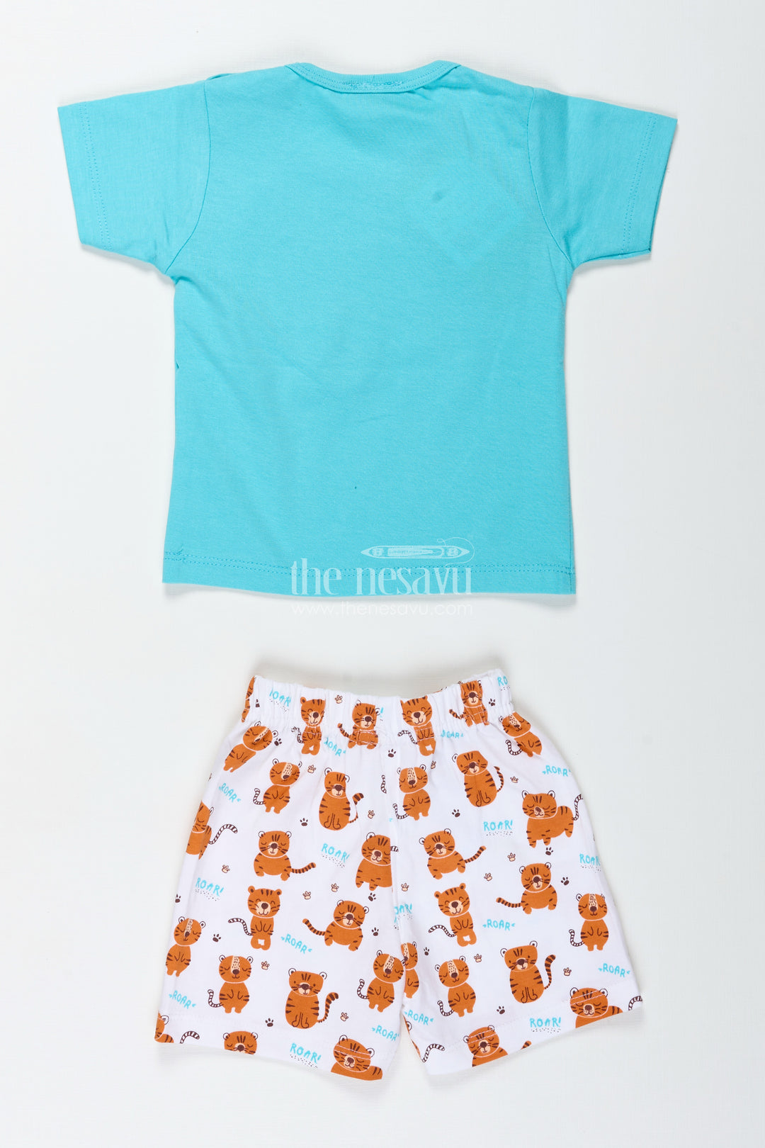 Boys Cotton Cat Print T Shirt and Set in Teal Blue with Printed White Shorts for Everyday Summer Style
