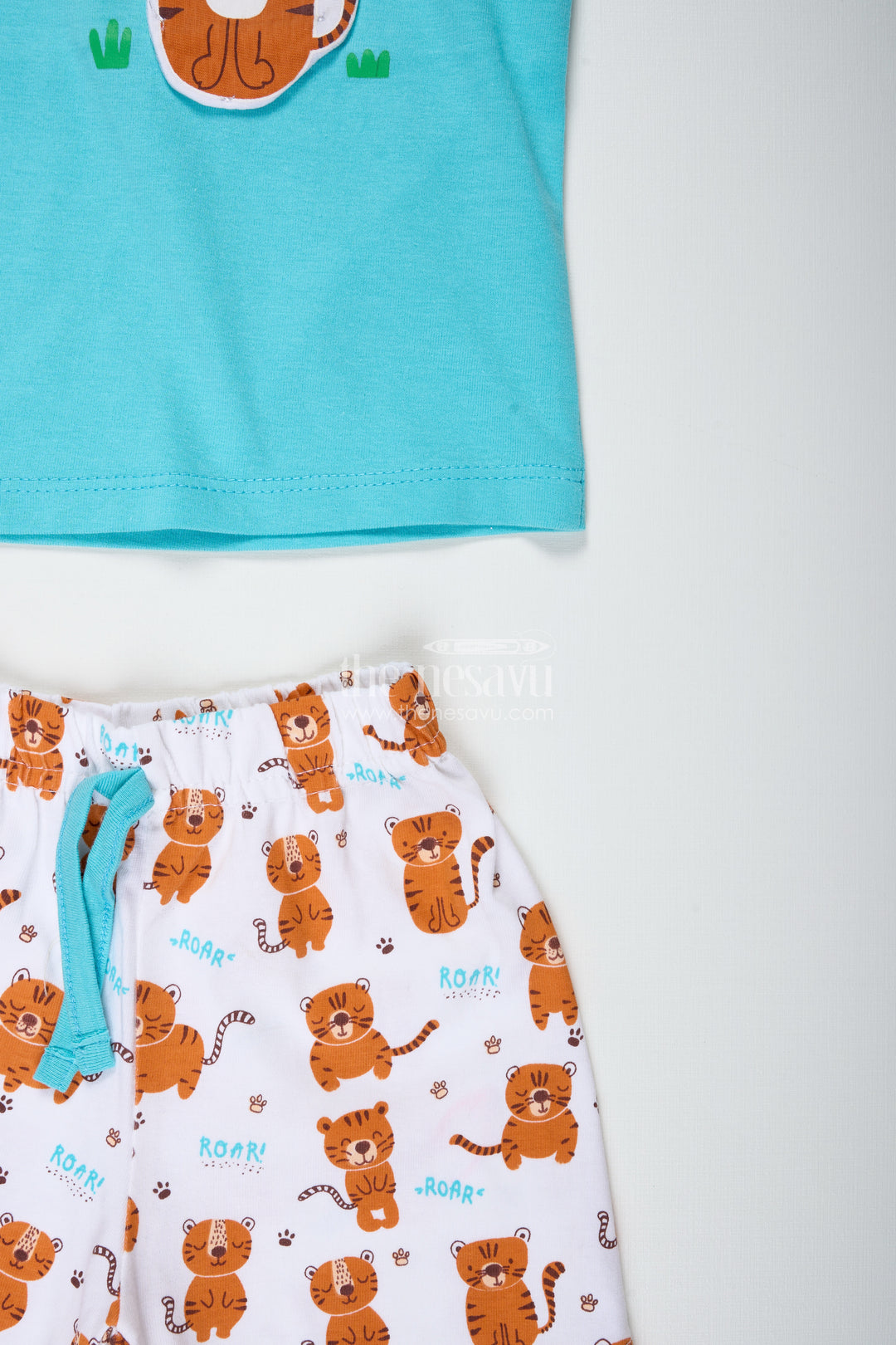 Boys Cotton Cat Print T Shirt and Set in Teal Blue with Printed White Shorts for Everyday Summer Style