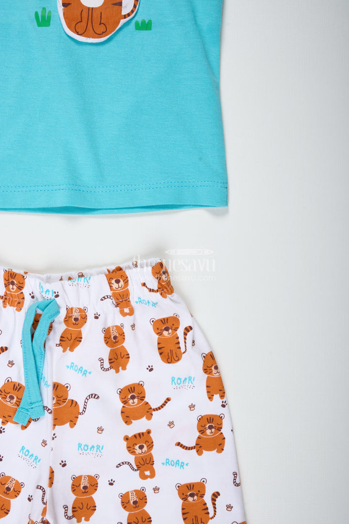 Boys Cotton Cat Print T Shirt and Set in Teal Blue with Printed White Shorts for Everyday Summer Style
