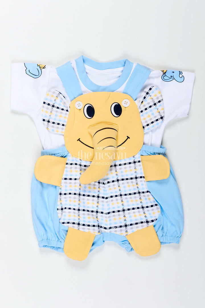 Boys Cotton Elephant Newbaby Outfit with Blue Checkered Overalls and Cute Character Applique