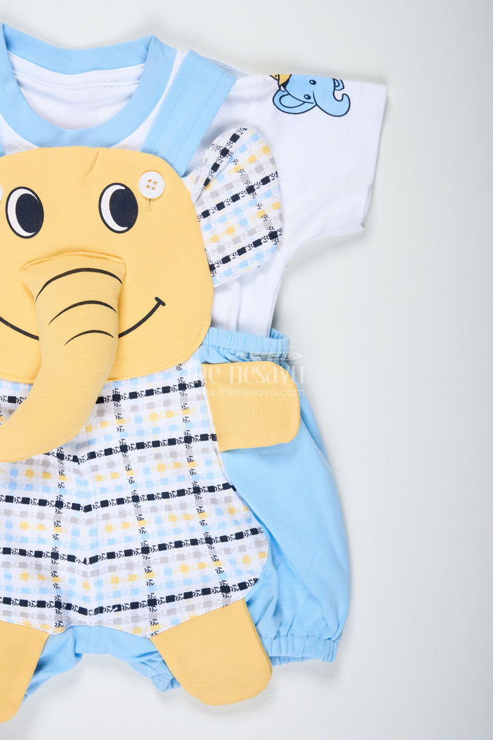 Boys Cotton Elephant Newbaby Outfit with Blue Checkered Overalls and Cute Character Applique