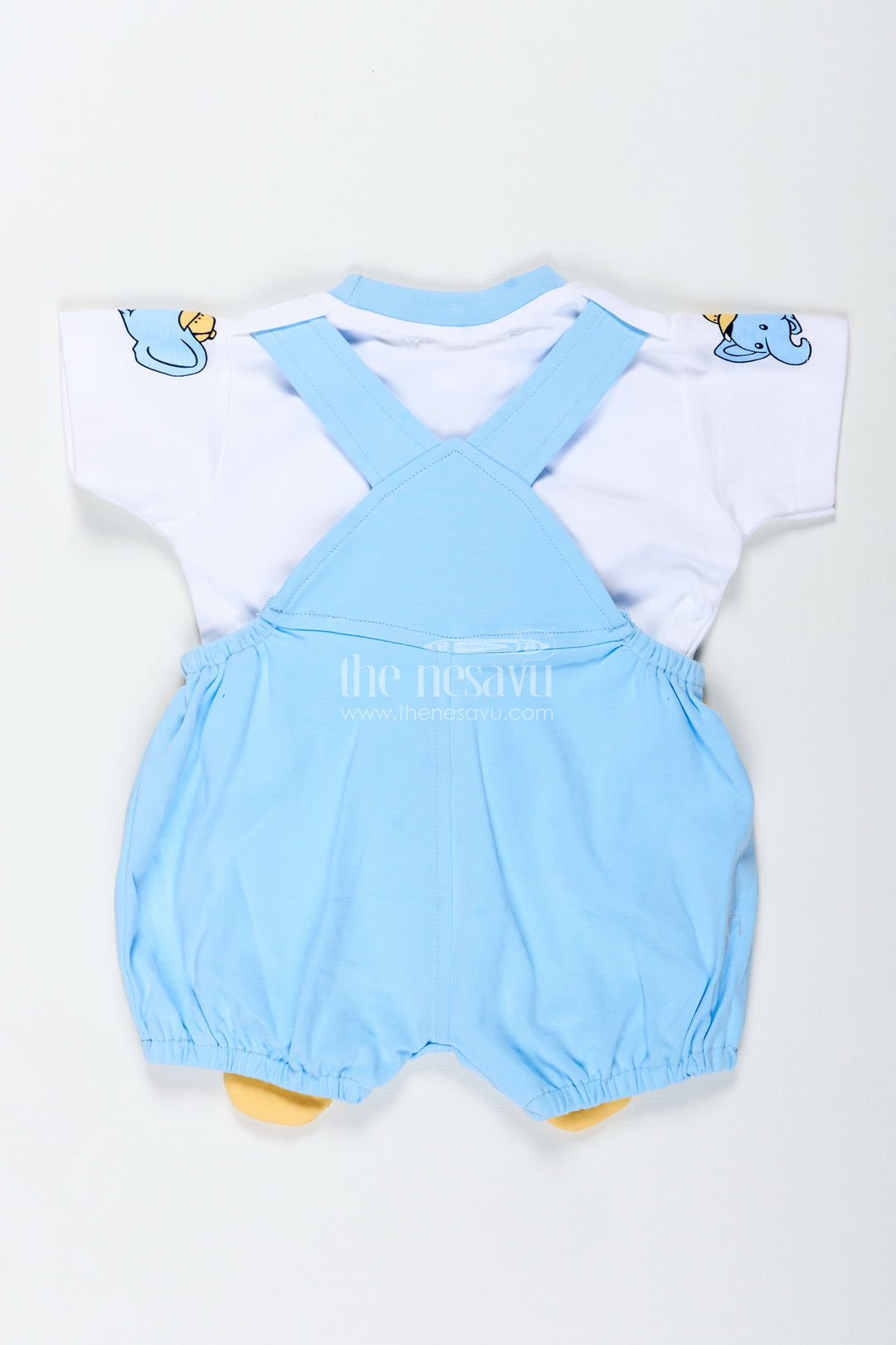 Boys Cotton Elephant Newbaby Outfit with Blue Checkered Overalls and Cute Character Applique