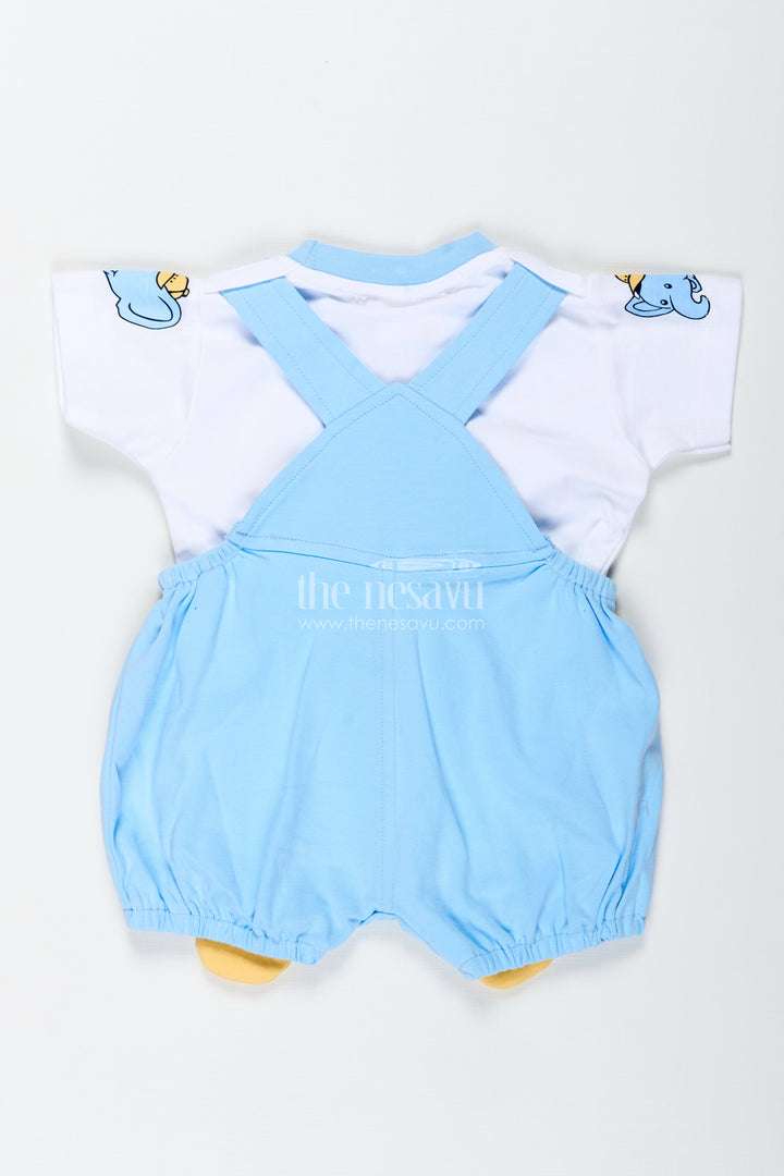 Boys Cotton Elephant Newbaby Outfit with Blue Checkered Overalls and Cute Character Applique