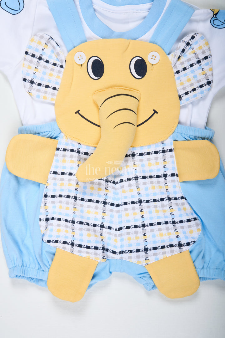 Boys Cotton Elephant Newbaby Outfit with Blue Checkered Overalls and Cute Character Applique