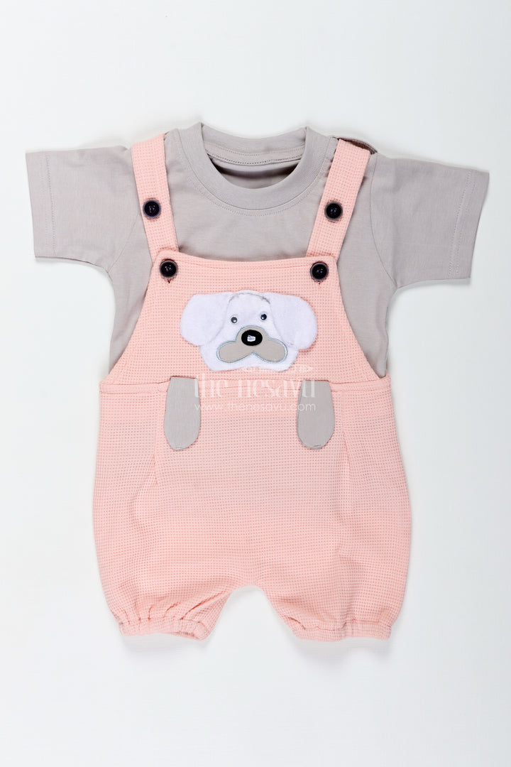 Boys Pink Casual Outfit in Cotton Waffle Knit with Embellished Dog Patch and Comfortable Overalls
