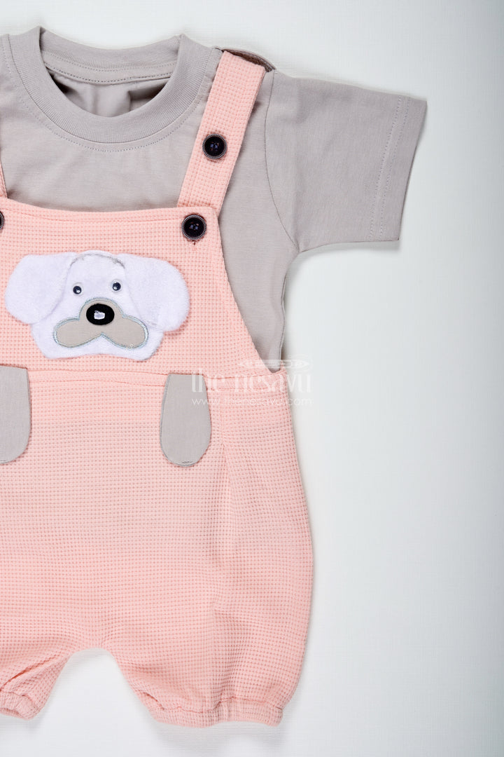 Boys Pink Casual Outfit in Cotton Waffle Knit with Embellished Dog Patch and Comfortable Overalls