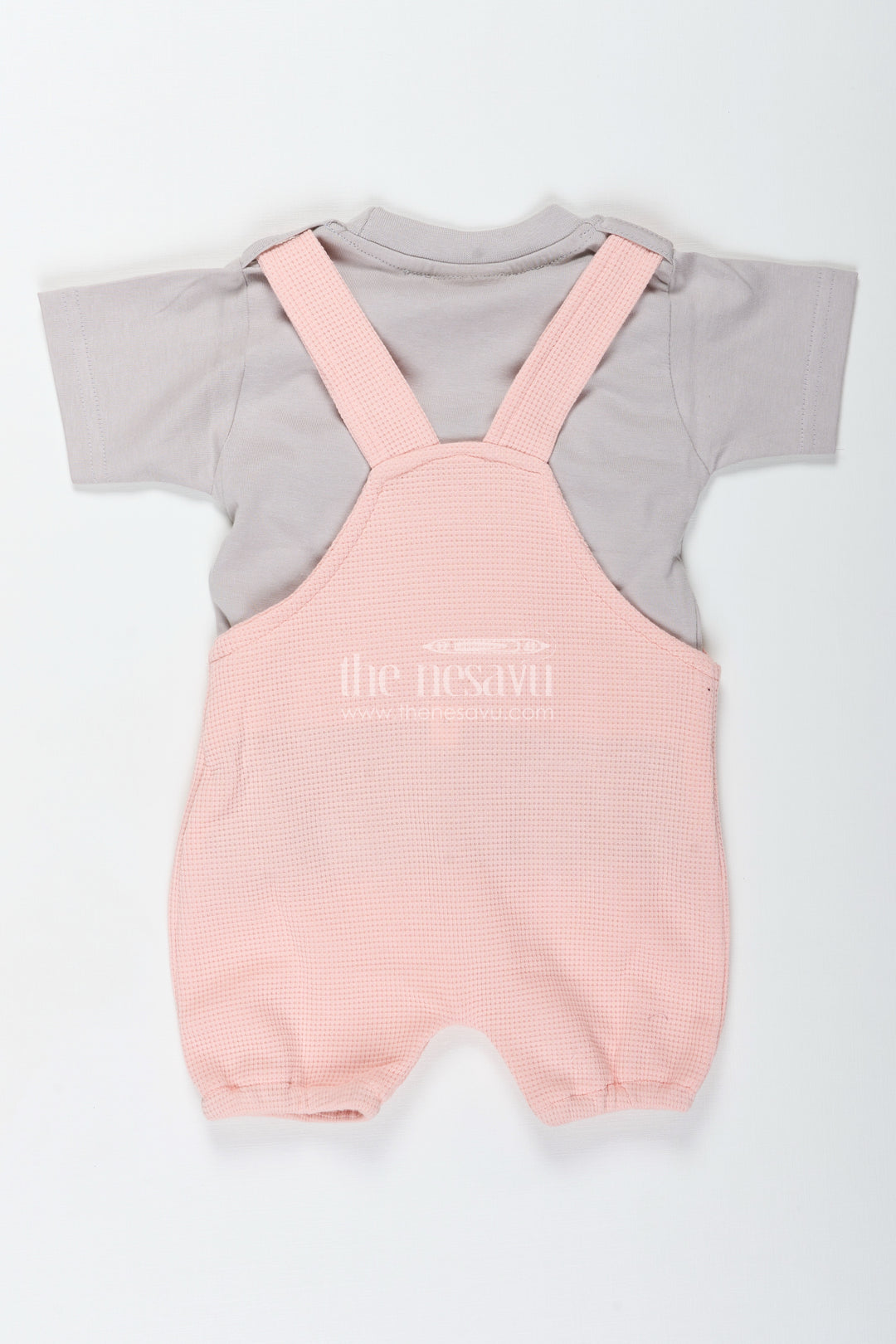 Boys Pink Casual Outfit in Cotton Waffle Knit with Embellished Dog Patch and Comfortable Overalls