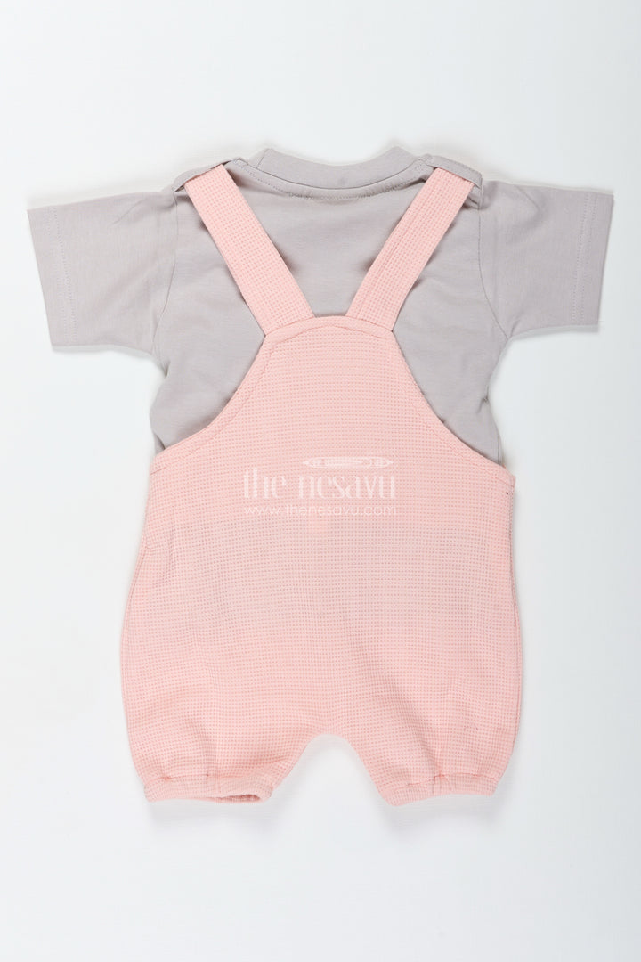Boys Pink Casual Outfit in Cotton Waffle Knit with Embellished Dog Patch and Comfortable Overalls