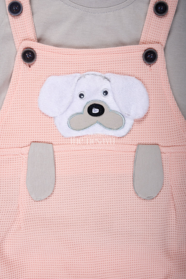 Boys Pink Casual Outfit in Cotton Waffle Knit with Embellished Dog Patch and Comfortable Overalls
