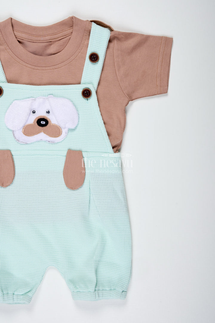 Boys Cotton Waffle Knit Batch Design Set with Dog Embellishment and Mint Green Overalls for Daily Wear