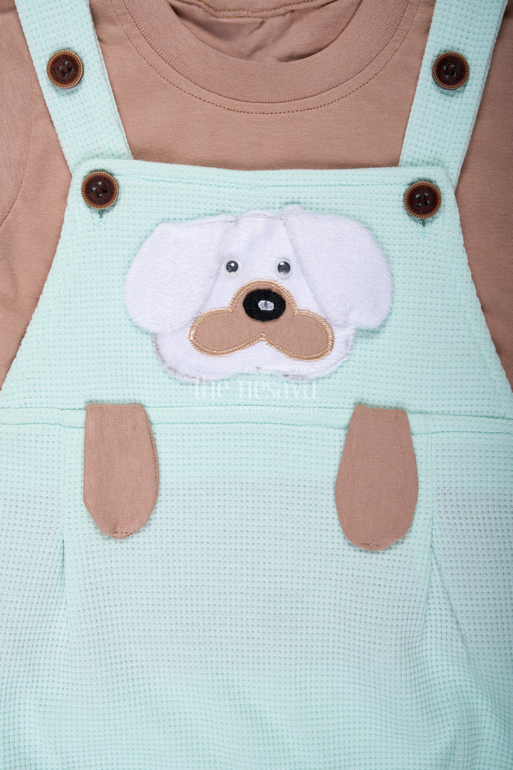 Boys Cotton Waffle Knit Batch Design Set with Dog Embellishment and Mint Green Overalls for Daily Wear