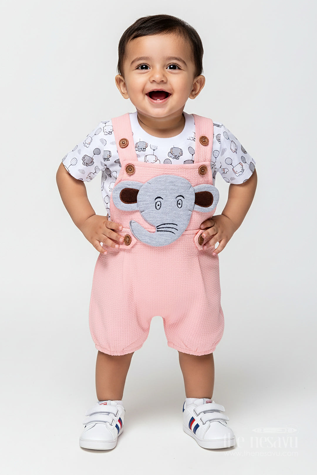 Boys Elephant Print Dress in Cotton Waffle Knit with Pink Overalls and Character Embroidery for Everyday Style