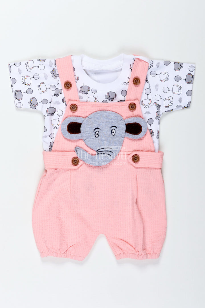 Boys Elephant Print Dress in Cotton Waffle Knit with Pink Overalls and Character Embroidery for Everyday Style