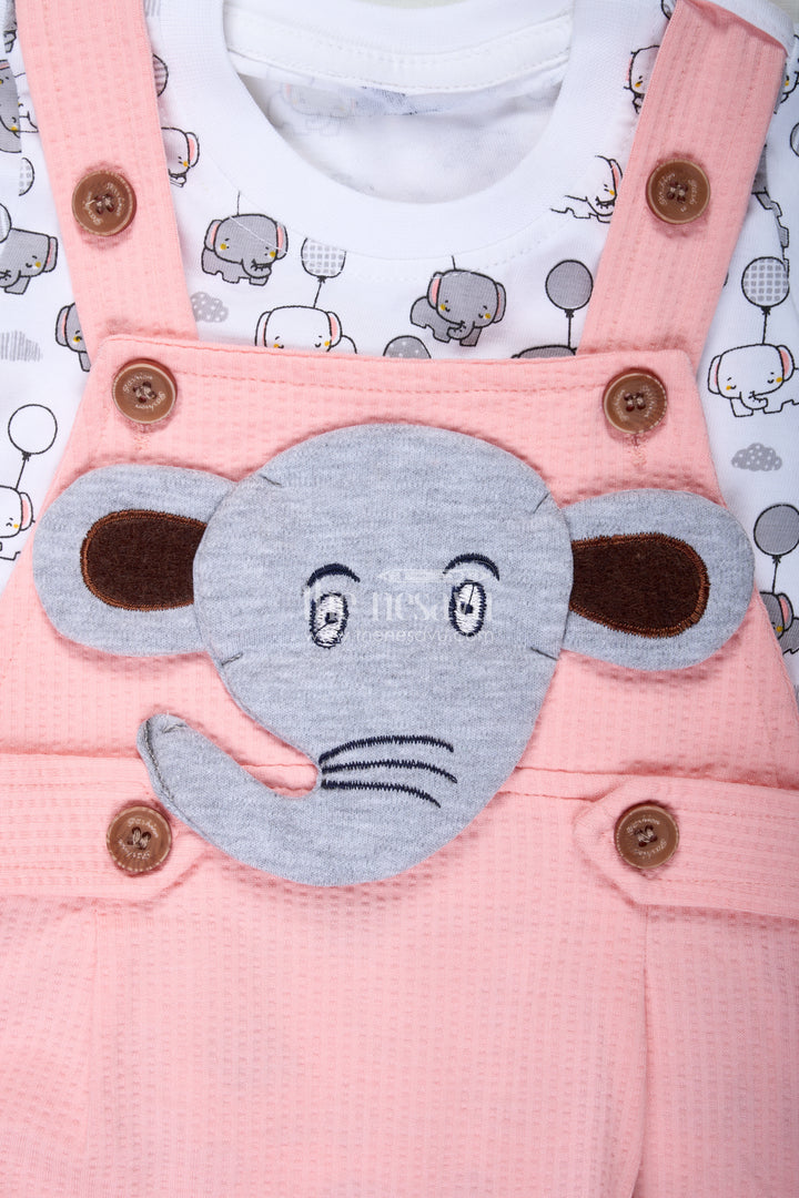 Boys Elephant Print Dress in Cotton Waffle Knit with Pink Overalls and Character Embroidery for Everyday Style