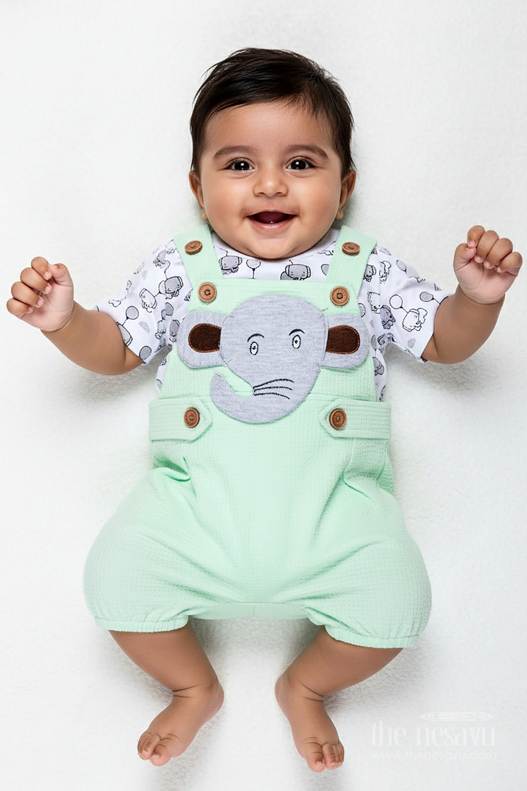 Boys Elephant Newborn Outfit in Cotton Waffle Knit with Mint Green Overalls and Printed Tee for Soft Comfort