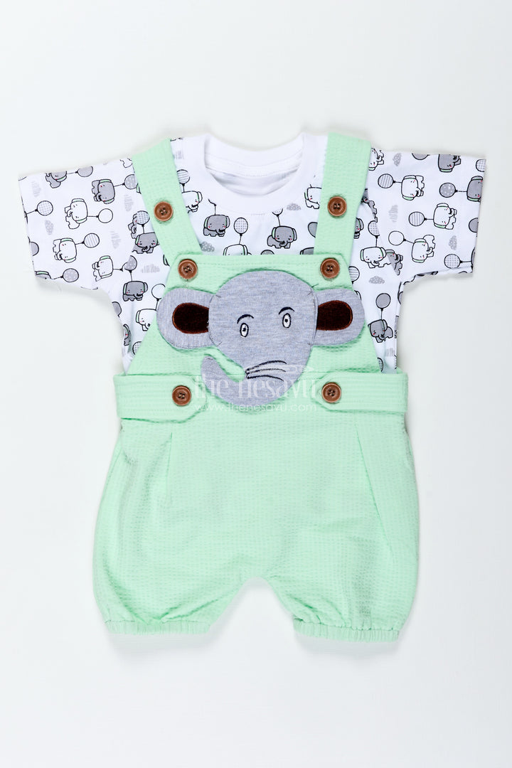 Boys Elephant Newborn Outfit in Cotton Waffle Knit with Mint Green Overalls and Printed Tee for Soft Comfort