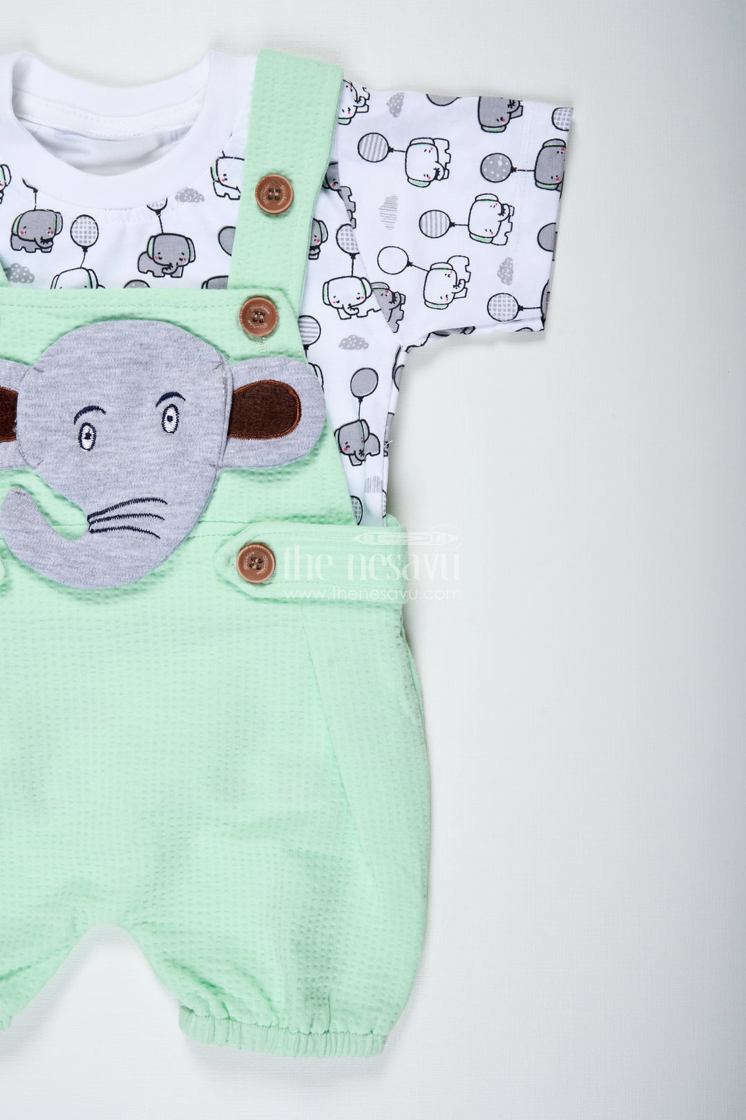 Boys Elephant Newborn Outfit in Cotton Waffle Knit with Mint Green Overalls and Printed Tee for Soft Comfort