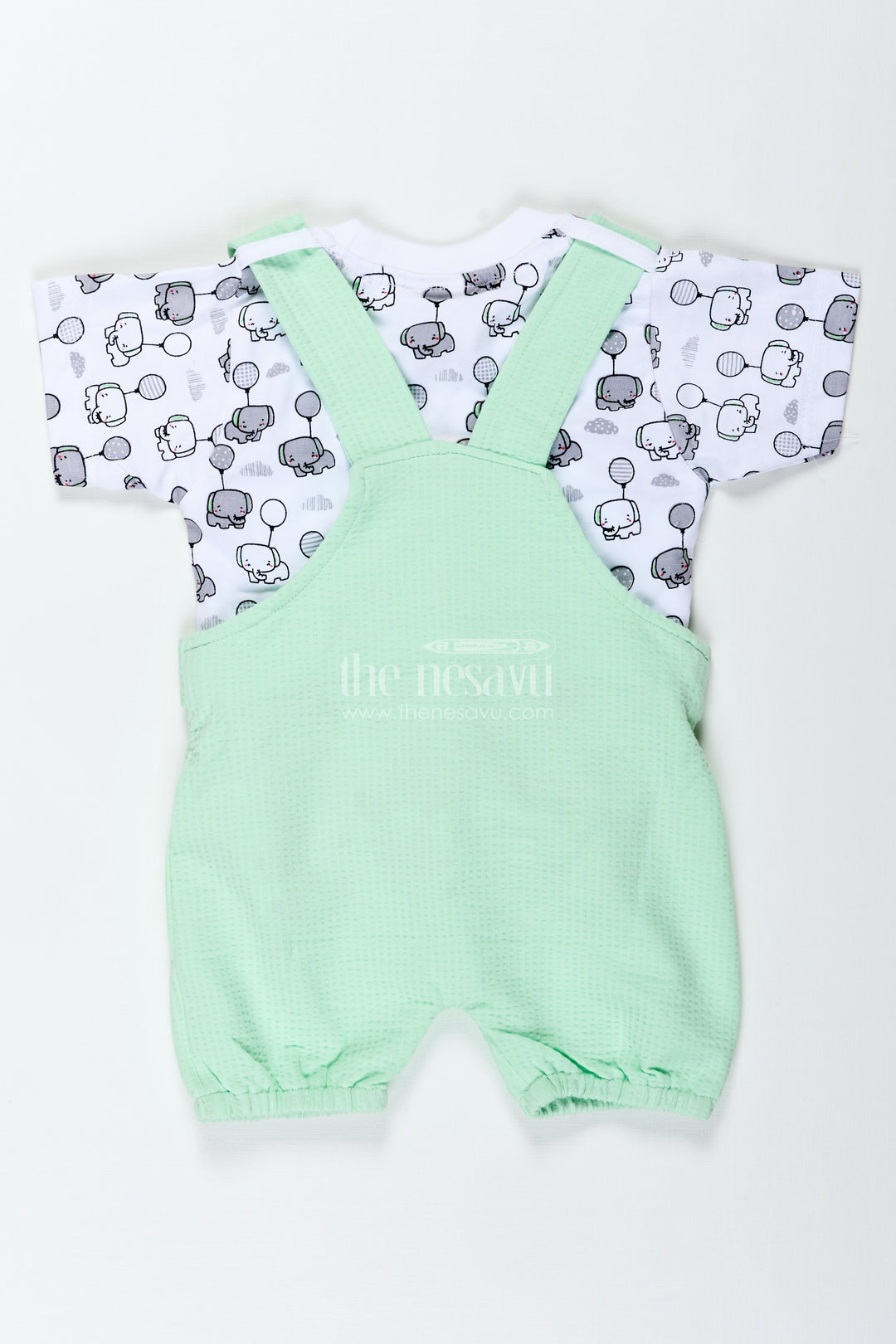 Boys Elephant Newborn Outfit in Cotton Waffle Knit with Mint Green Overalls and Printed Tee for Soft Comfort