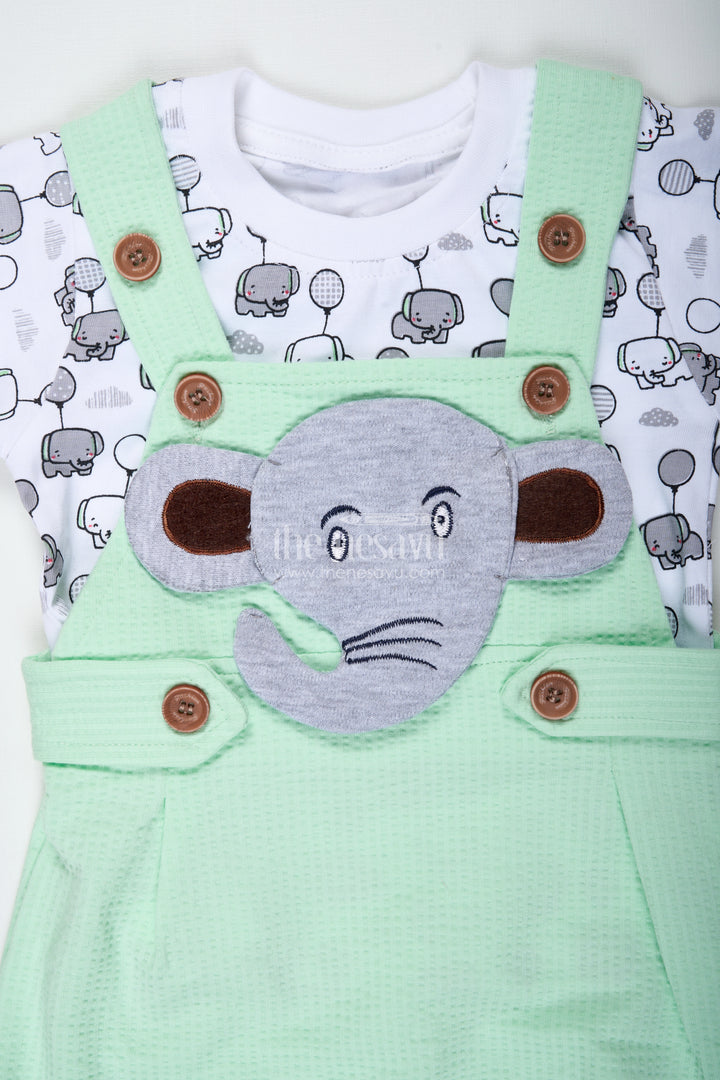 Boys Elephant Newborn Outfit in Cotton Waffle Knit with Mint Green Overalls and Printed Tee for Soft Comfort