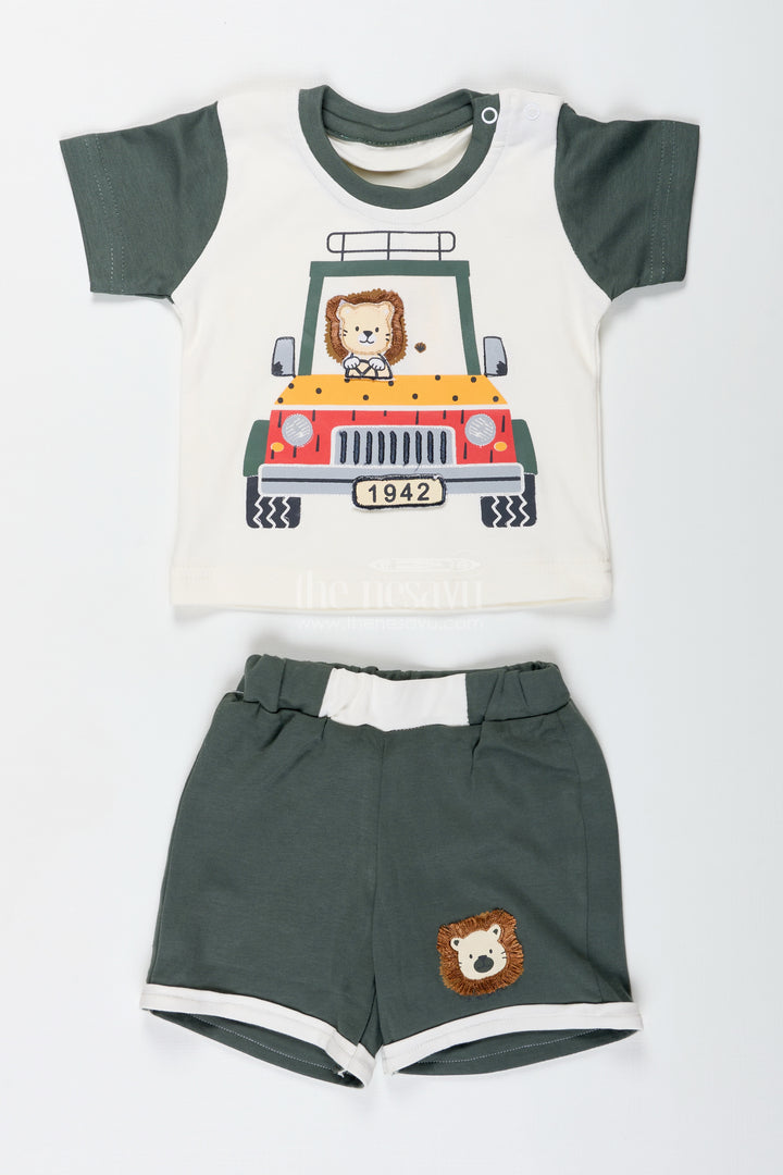 Boys Newborn Green Cotton Dress Set with Robot Print Tee and Dark Shorts for Comfortable Daily Wear