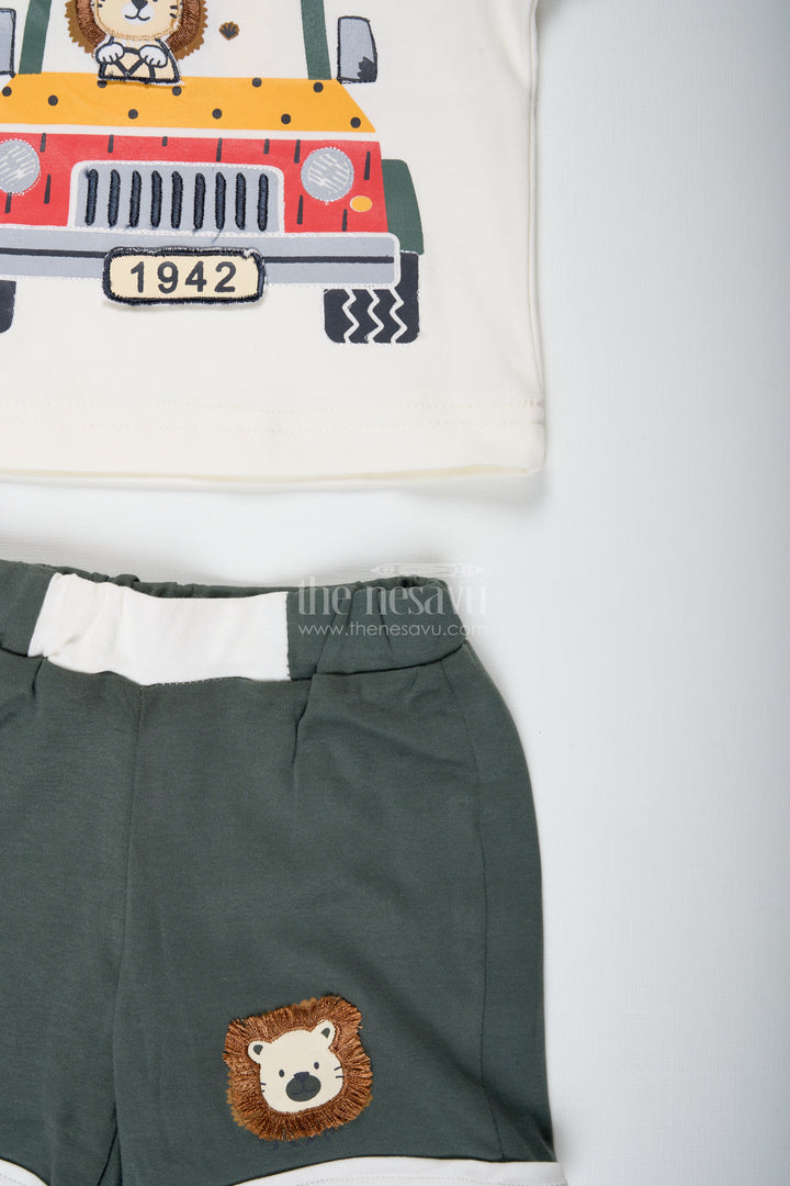 Boys Newborn Green Cotton Dress Set with Robot Print Tee and Dark Shorts for Comfortable Daily Wear