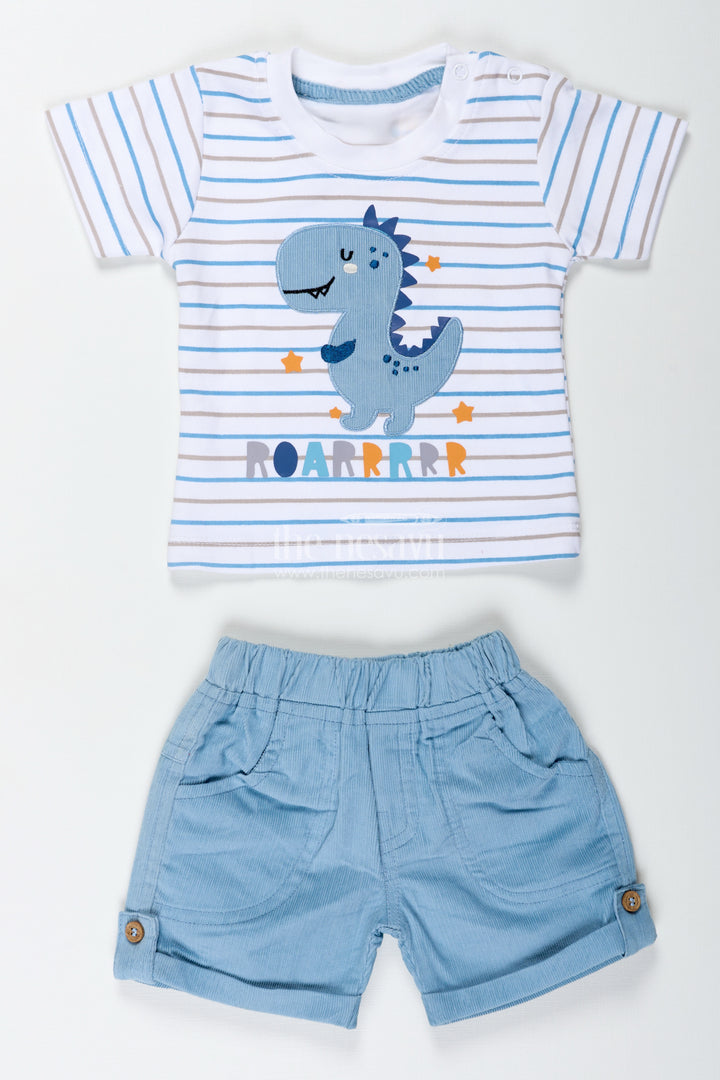 Boys Blue Casual Matching Sets with Striped Dinosaur Tee and Coordinated Soft Shorts for Everyday Comfort