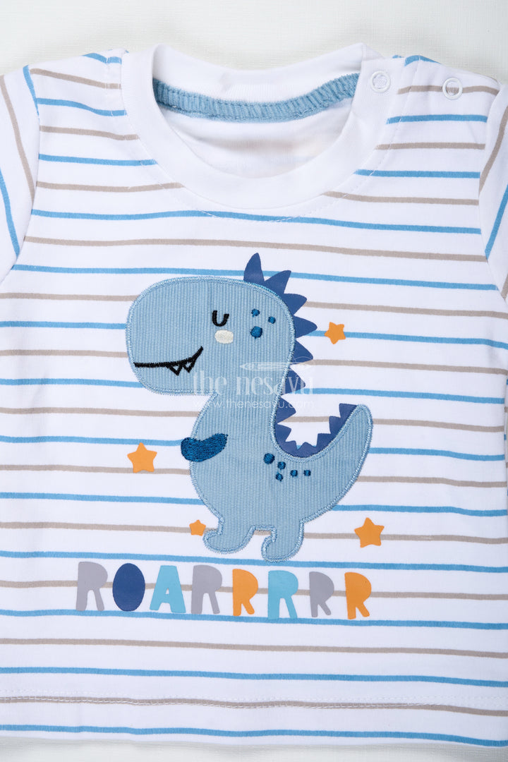 Boys Blue Casual Matching Sets with Striped Dinosaur Tee and Coordinated Soft Shorts for Everyday Comfort