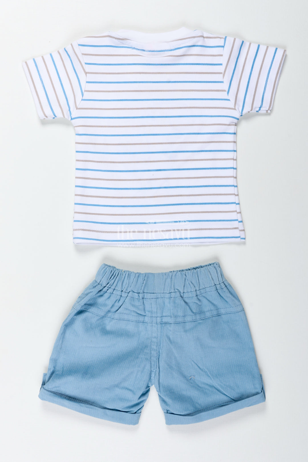 Boys Blue Casual Matching Sets with Striped Dinosaur Tee and Coordinated Soft Shorts for Everyday Comfort