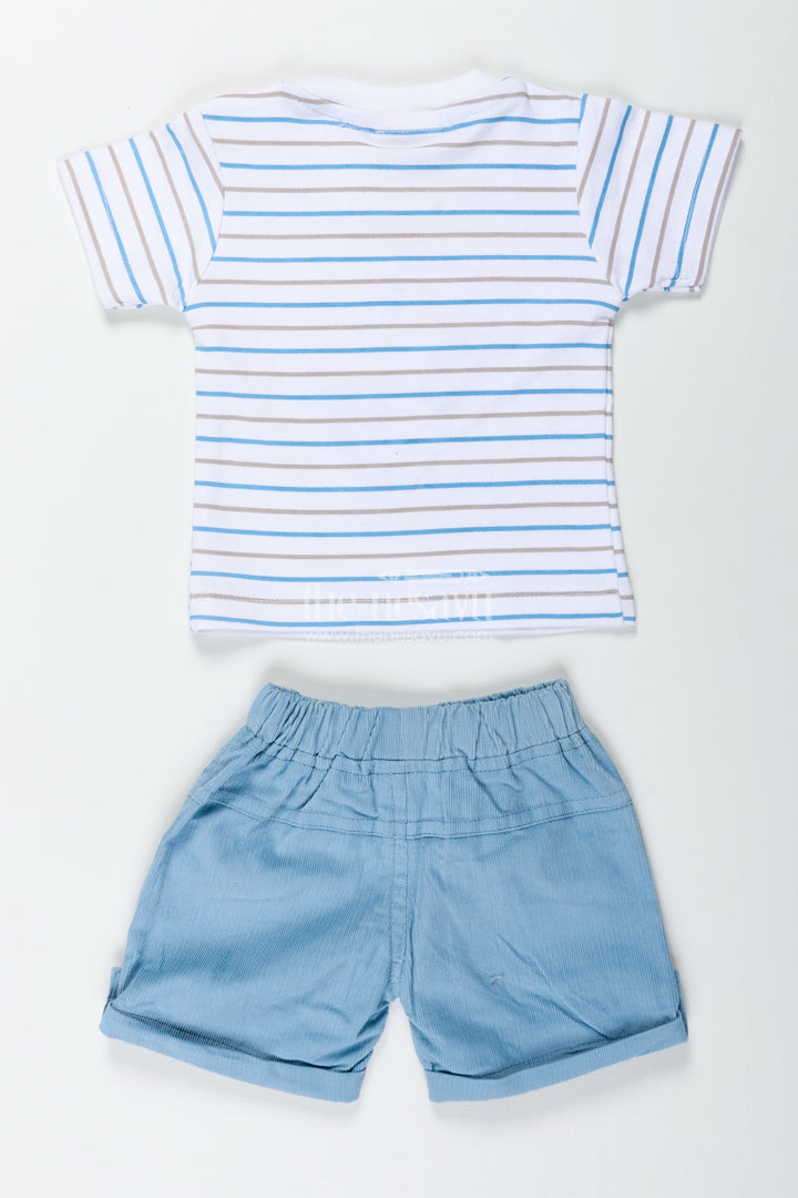 Boys Blue Casual Matching Sets with Striped Dinosaur Tee and Coordinated Soft Shorts for Everyday Comfort