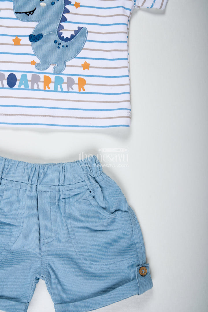 Boys Blue Casual Matching Sets with Striped Dinosaur Tee and Coordinated Soft Shorts for Everyday Comfort