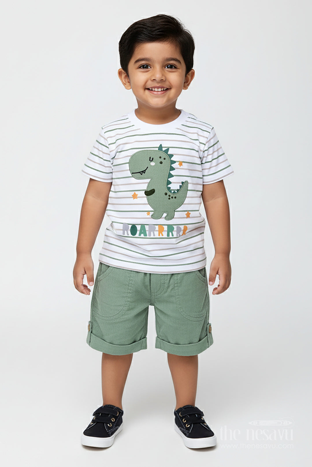Boys Cotton Casual Matching Sets with Dinosaur Embellished Striped Tee and Olive Shorts for Playful Outings