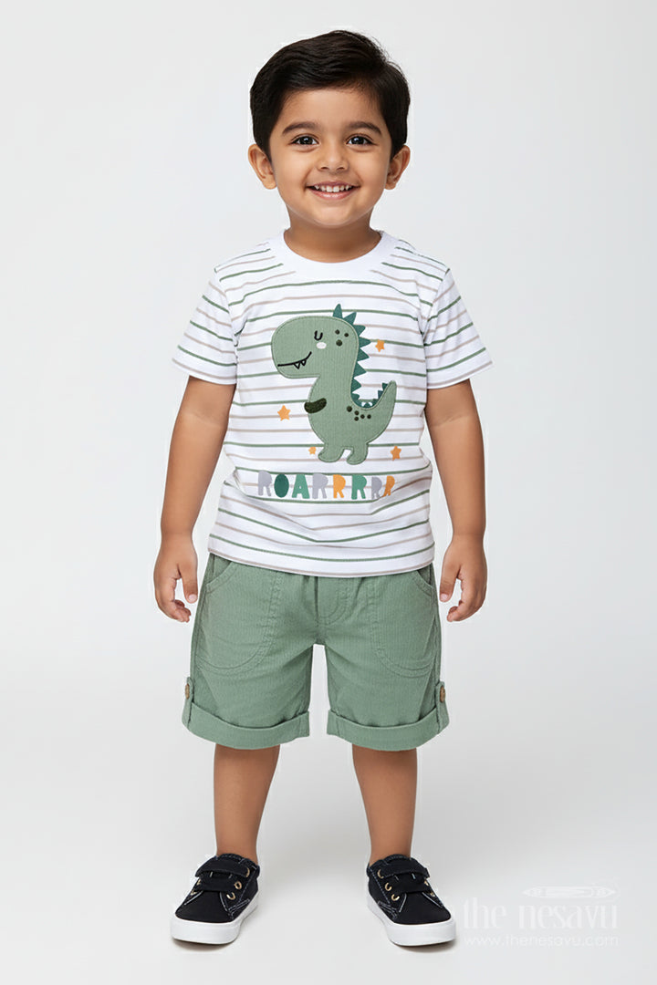 Boys Cotton Casual Matching Sets with Dinosaur Embellished Striped Tee and Olive Shorts for Playful Outings