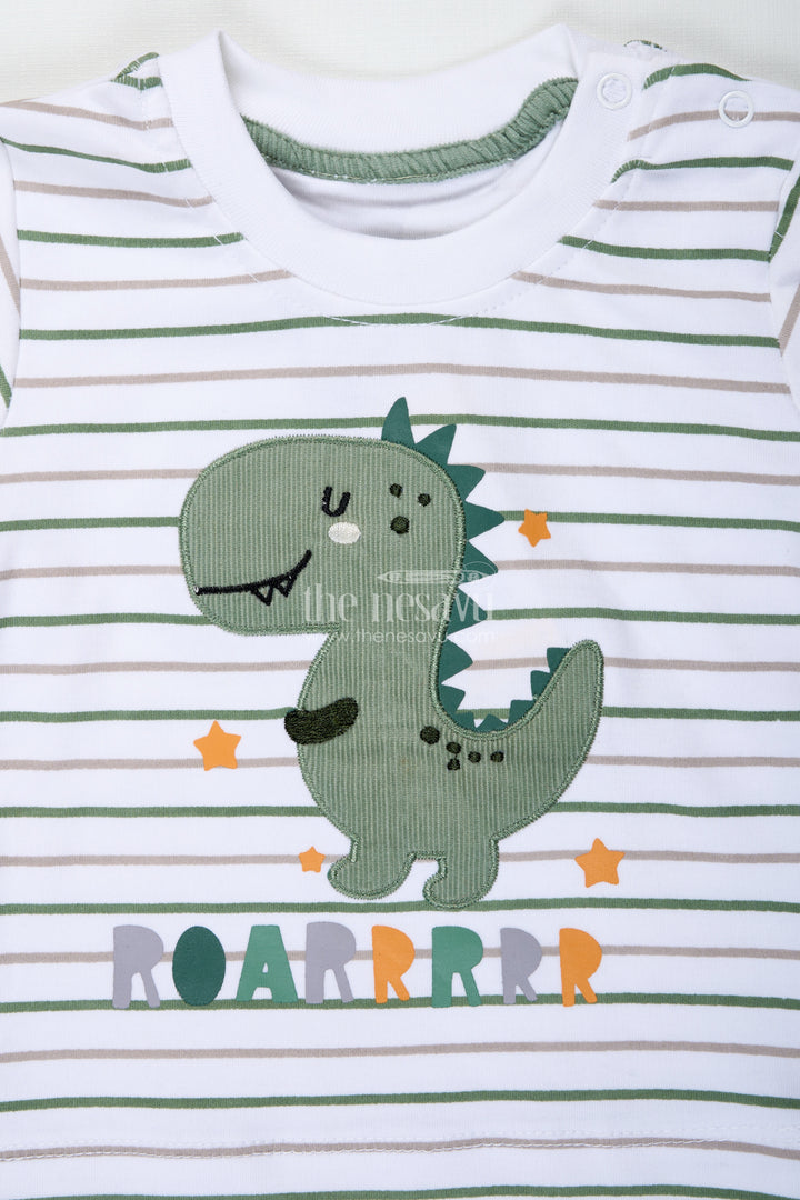 Boys Cotton Casual Matching Sets with Dinosaur Embellished Striped Tee and Olive Shorts for Playful Outings
