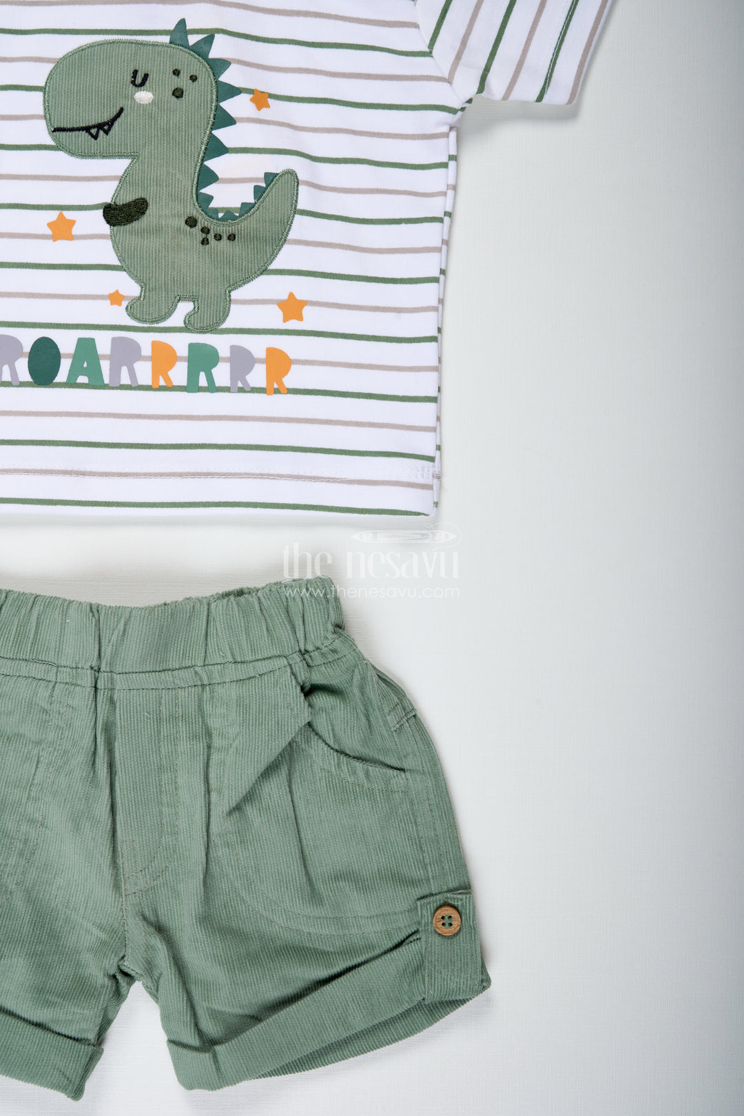 Boys Cotton Casual Matching Sets with Dinosaur Embellished Striped Tee and Olive Shorts for Playful Outings