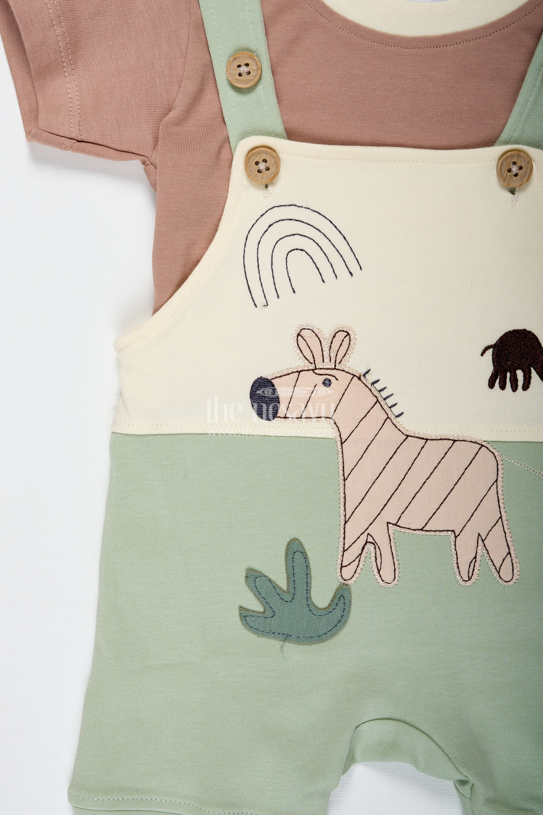 Boys Romper New Born Cotton Outfit with Safari Animal Embellishment and Green Shorts for Cozy Daily Style