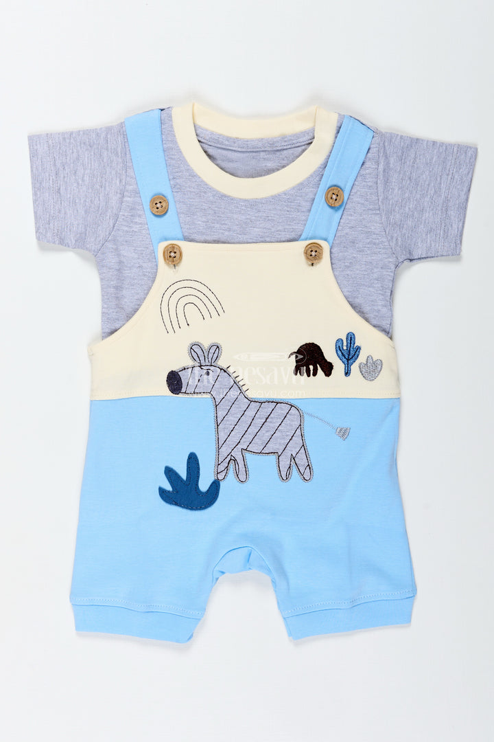 Boys Newborn in Romper Set with Blue Animal Embellished Overalls and Grey Tee for Soft Daily Comfort