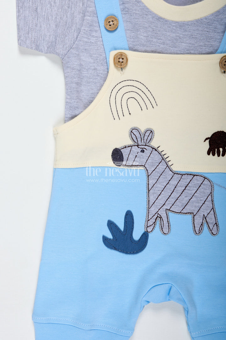 Boys Newborn in Romper Set with Blue Animal Embellished Overalls and Grey Tee for Soft Daily Comfort