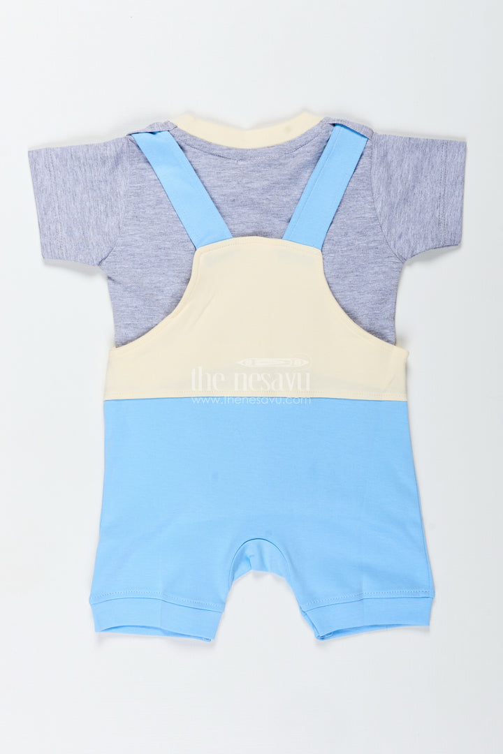 Boys Newborn in Romper Set with Blue Animal Embellished Overalls and Grey Tee for Soft Daily Comfort