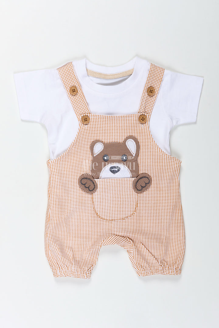 Boys Newborn Small Sleeve Romper Set with Bear Patch and Beige Striped Overalls in Soft Cotton Comfort