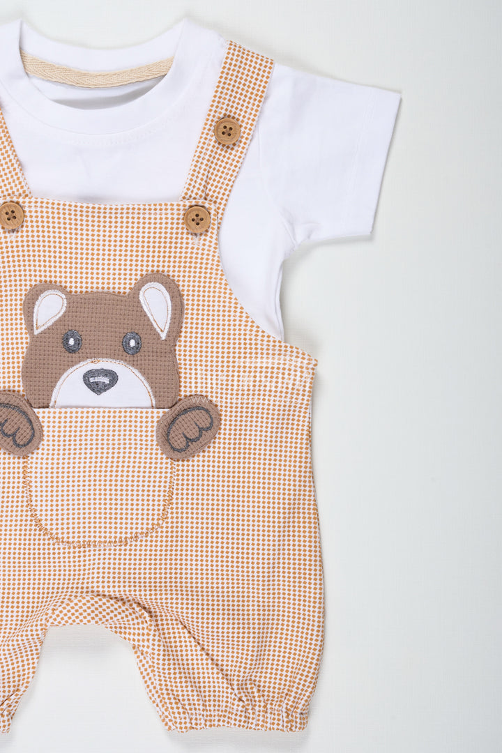 Boys Newborn Small Sleeve Romper Set with Bear Patch and Beige Striped Overalls in Soft Cotton Comfort