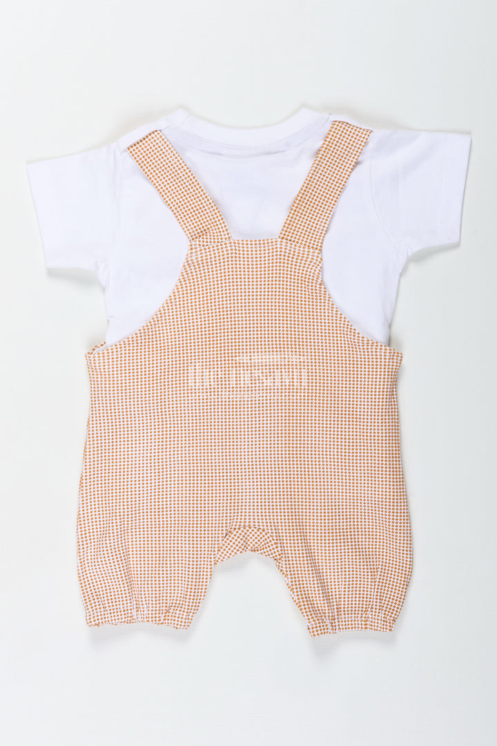 Boys Newborn Small Sleeve Romper Set with Bear Patch and Beige Striped Overalls in Soft Cotton Comfort