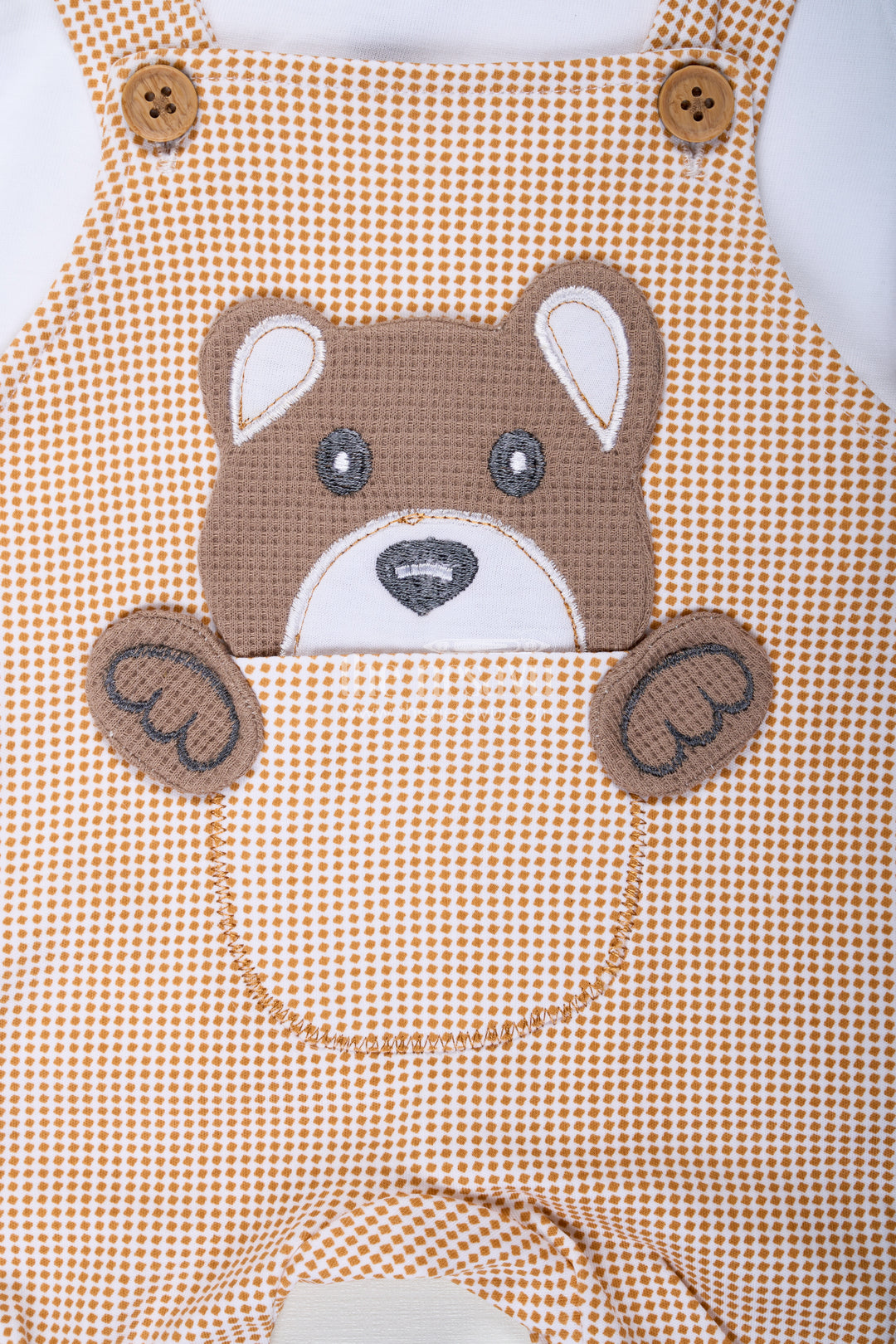 Boys Newborn Small Sleeve Romper Set with Bear Patch and Beige Striped Overalls in Soft Cotton Comfort