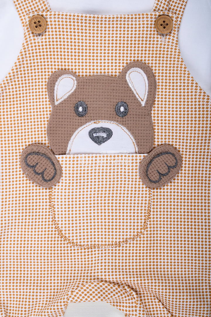 Boys Newborn Small Sleeve Romper Set with Bear Patch and Beige Striped Overalls in Soft Cotton Comfort